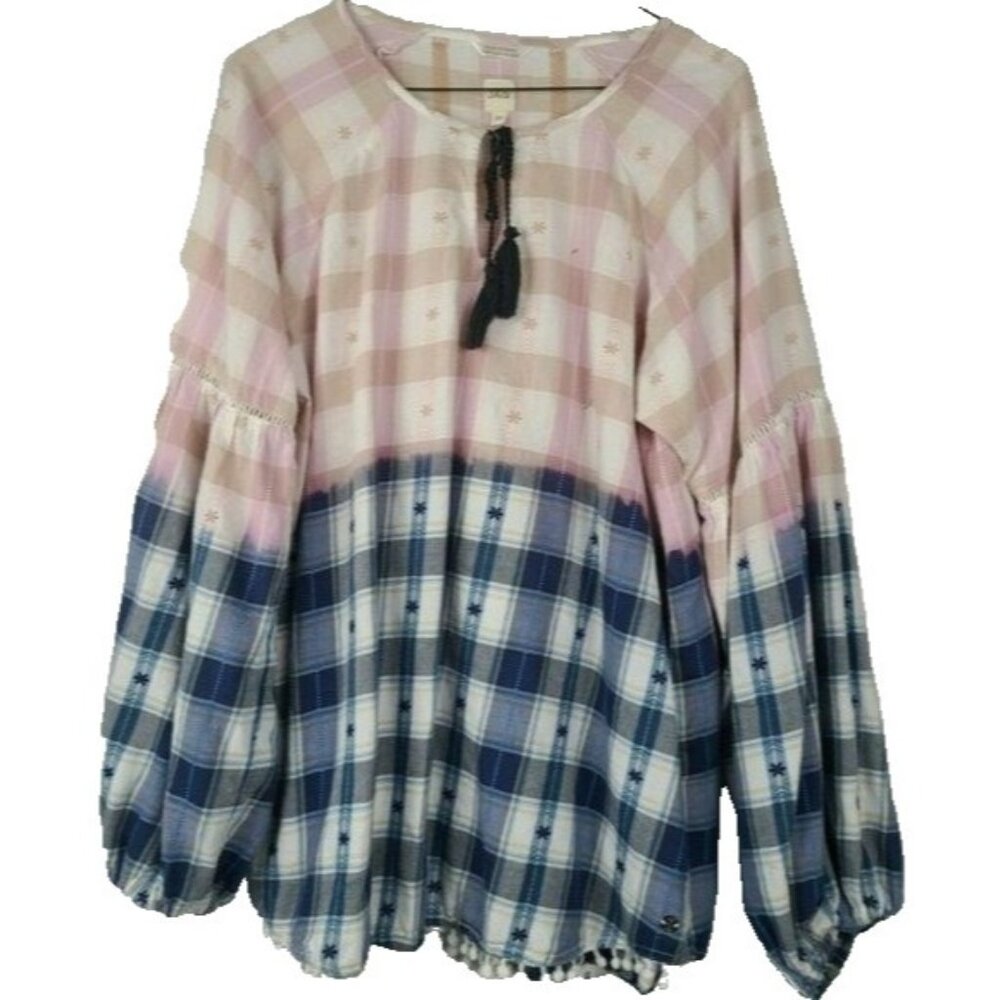 Jag Womens BOHO Peasant Top Medium Blue Pink‎ Plaid Balloon Sleeve Embroidered